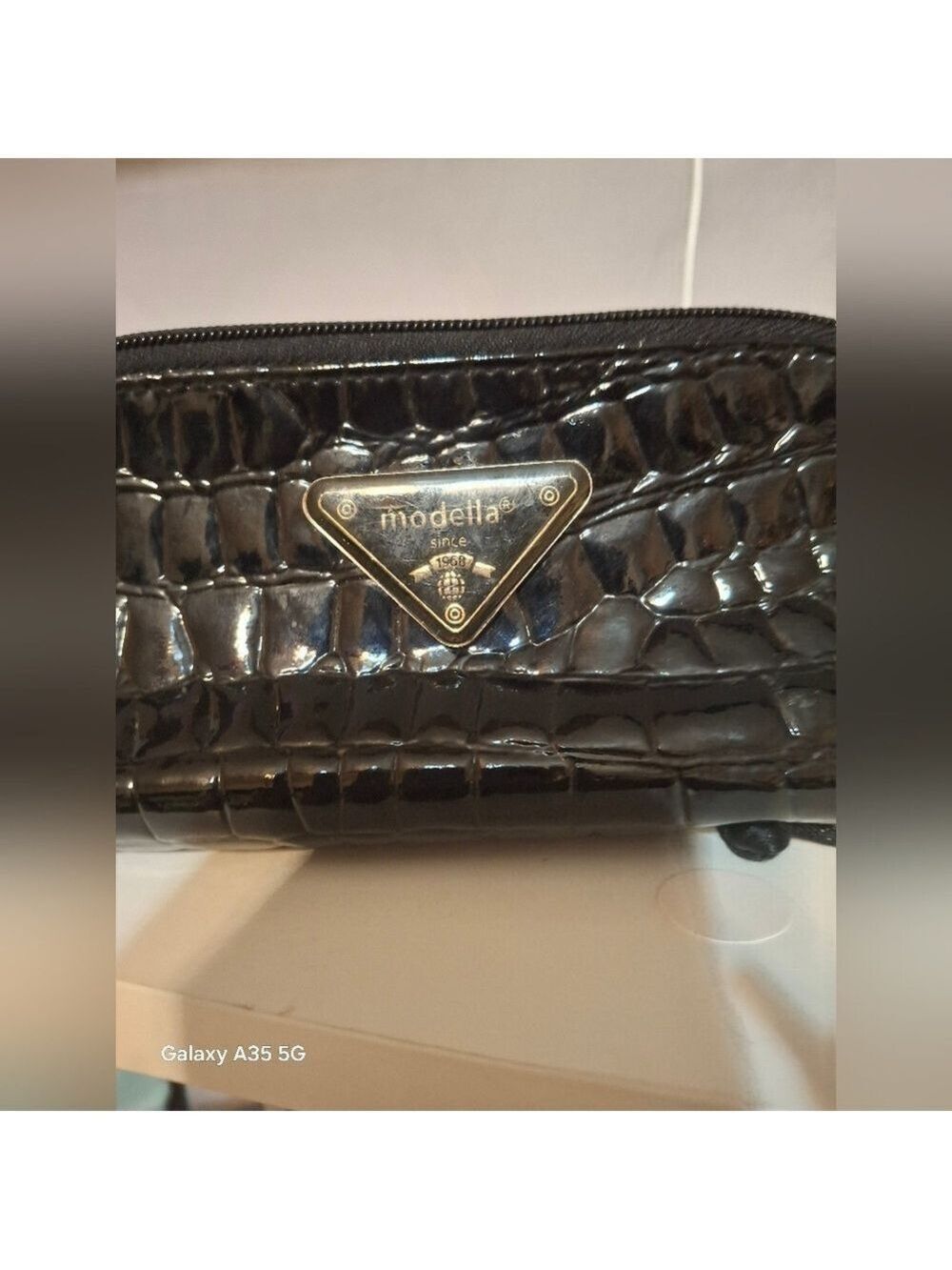 Modella Shiny Black Croc-Embossed Pouch Like New - Picture 2 of 5